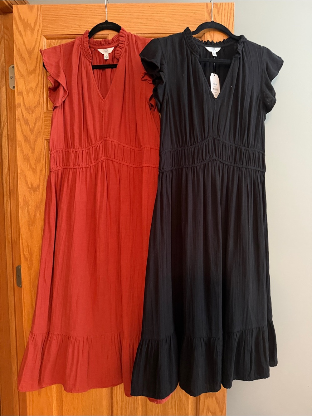 Time and Tru V-Neck Ruffle Midi Dress — Red and Black